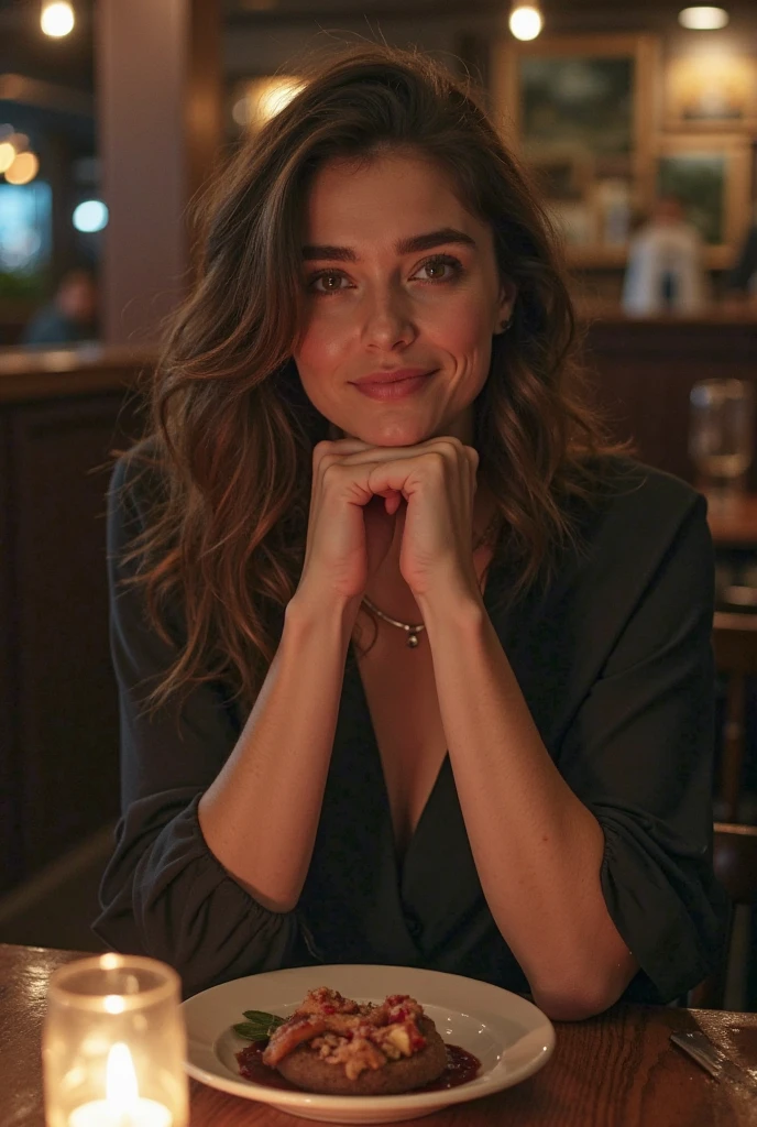 a one woman, americana, age 25, pale skin and freckles, grey-eyed, delicate nose, soft and delicate lips, distant, distant, wavy, waist-length blonde hair, Sweet smile, face with delicate feminine facial features, Highly Rendering, golden bracelet