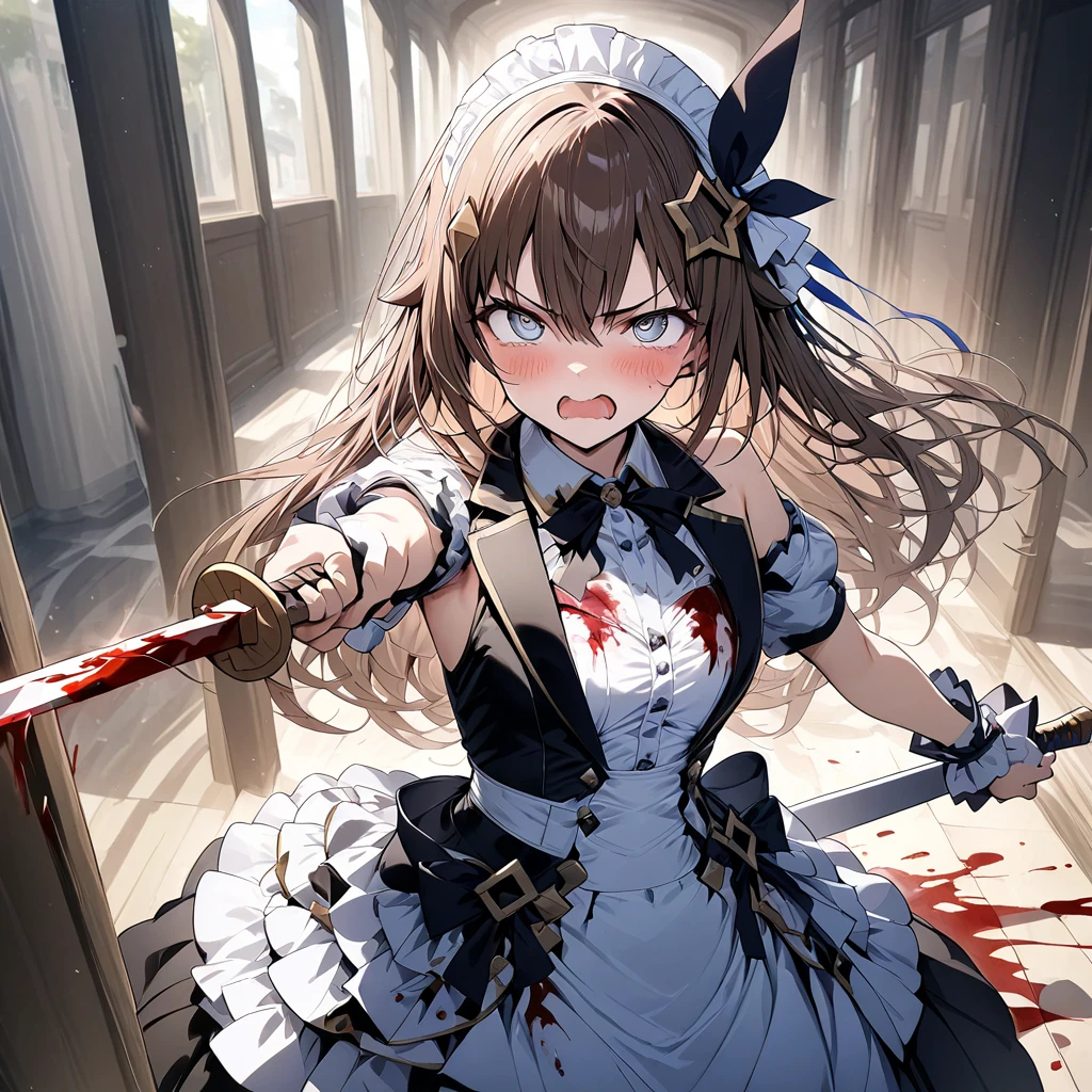 Top quality, very delicate and beautiful, girl, 11 years old, (dark brown hair), blue clothes with vertical buttons, belt at the waist, white skirt, (ponytail)), (white hair band), (brown boots), blue eyes, standing, smile, (blood-wet), darkness, clothes bloody