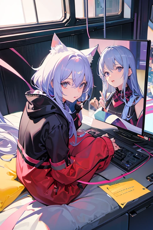 ((best quality)), Beautiful portrait of a genki girl, Sweet girl, White hair, red color eyes, Japanese anime, adolable, Anime figure, detail-rich, show legs, expose feet, without wearing shoes, There is a computer on the desk, Recline on a black gaming chair, Wear cat ear headphones, Facial shyness, White off-the-shoulder coat, flower pots, The whole is pink style, Otaku girl, At home, White transparent stockings