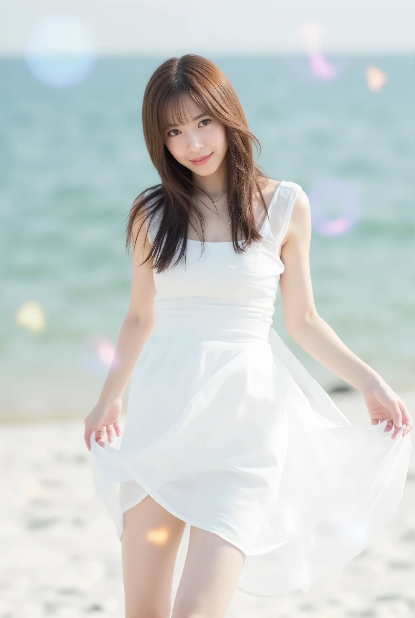 Create an image of a fair-skinned Japanese girl with medium-length straight hair stands gracefully in a 'White Cinderella' costume. The composition captures her in a knee-length pose against a blurred background that resembles a white fantasy world, with a distant horizon. Artistic light leaks and chromatic aberration enhance the ethereal atmosphere, all framed from a dynamic angle.