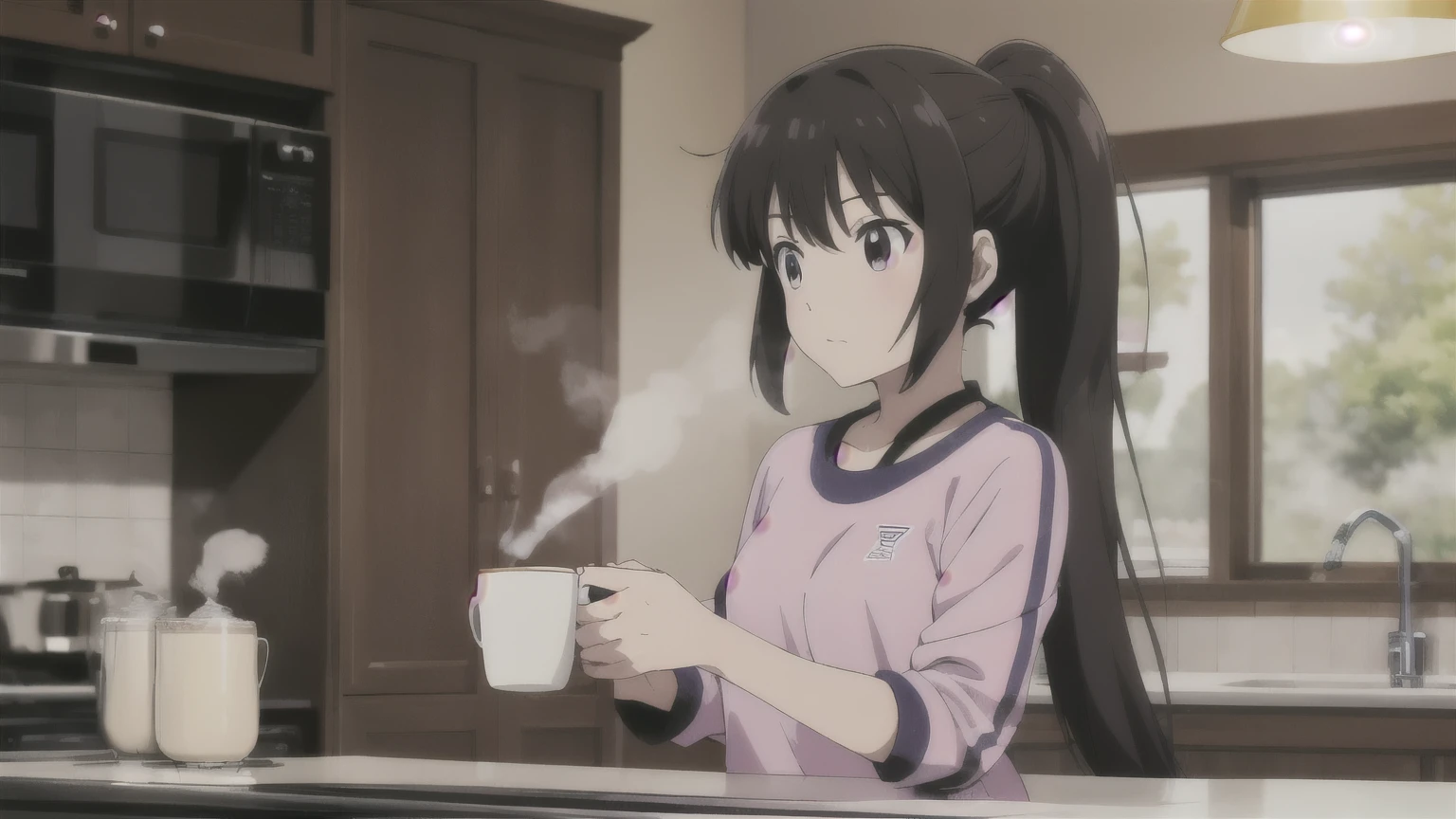 anime-style, illustration, sporty, young, woman, long, dark, brown, hair, high, ponytail, wearing, pink, and, black, athletic, outfit, holding, a, steaming, cup, of, black, coffee, in, a, bright, modern, kitchen, morning, light, relaxed, expression, slim, figure, healthy, lifestyle, clean, design, vibrant, colors, (solo),