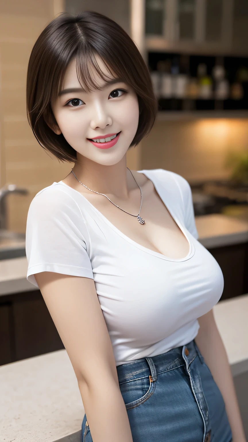 Beautifull, mother-in-law, japanese, tight shirt square neck, seduction expression, in the kitchen, voluptuous, high waist short skirt, cleavage, soft gaze