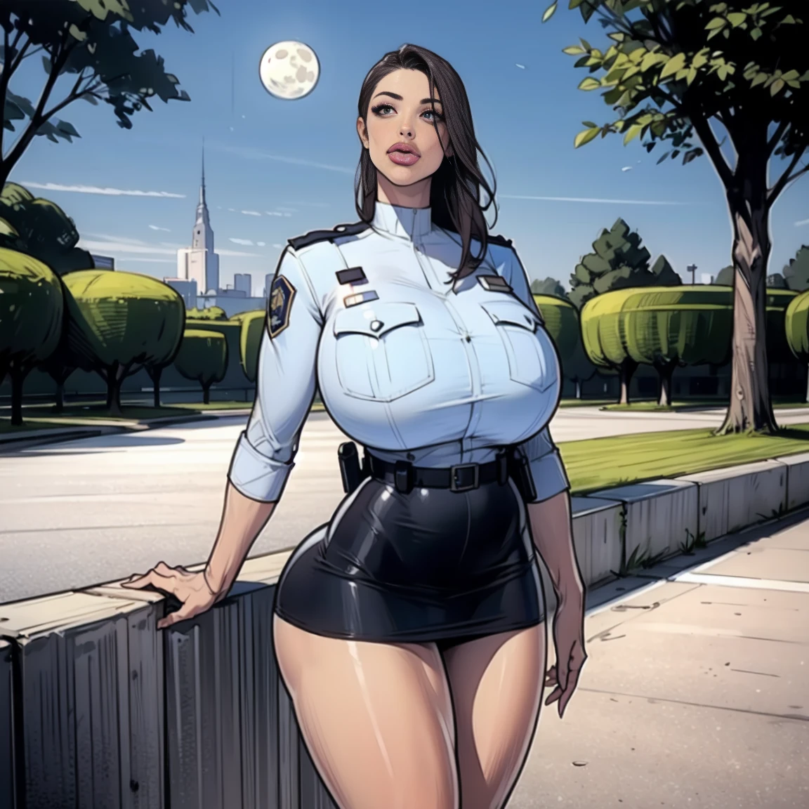 Milf Jane porter black hair wearing brown shirt and shorts holding gun thick lips thick thighs huge breasts curvy in city night high quality masterpiece.