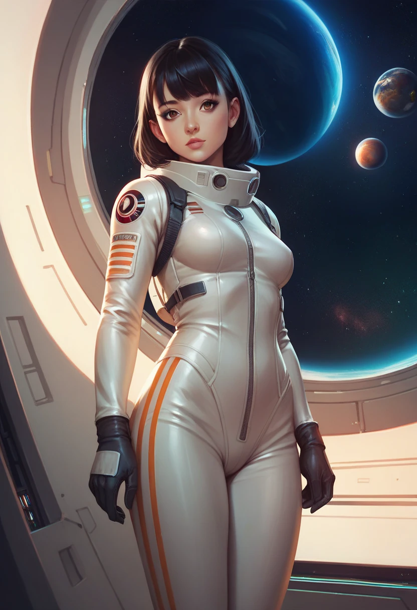 female ,Cosmonaut,spaceship,space,long black hair,straight even hair,short straight bangs,tight spacesuit,brown eyes,Full length,backend types