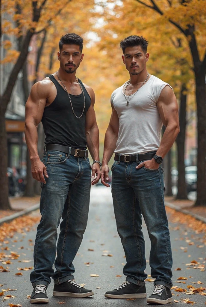 ffull view full body, 2 different white european over-muscular young handsome gay cowboys, with undercut fresh haircuts, wearing old tattered jeans, but brand new incredibly pointy leather cowboy boots and gay styled rings, bracelets, chains and necklaces, front very old farm in middlewest, they show their nice new boots