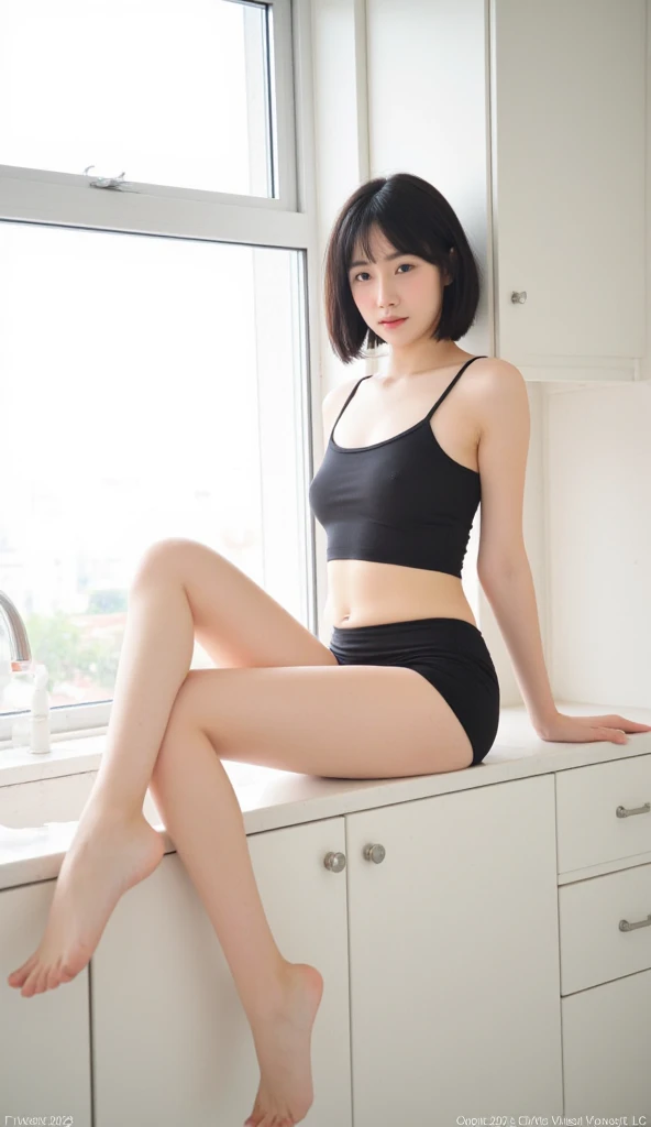 (Clothing:2.0, camisole:1.8, boxer shorts:1.8), ((A grin:1.2, Short Hair:1.2, slender:1.5, Small Ass:1.5)), (Kitchen room:1.5), ((Japanese, 1 Girl, 18-year-old, 7 heads, Ideal body proportions, Black Hair, With bangs, Small breasts, Erect nipples, slender, Small Ass, Beautiful feet, Skinny Legs)), Surrealism, Cinematic Lighting, Depth of written boundary, First Person View, F/1.8, 135mm, Ticker, Mastepiece, Curate, ((Anatomically correct:1.3)), Textured skin, Super Detail, High detail, High quality, Awards, Best Quality, High resolution, 8K