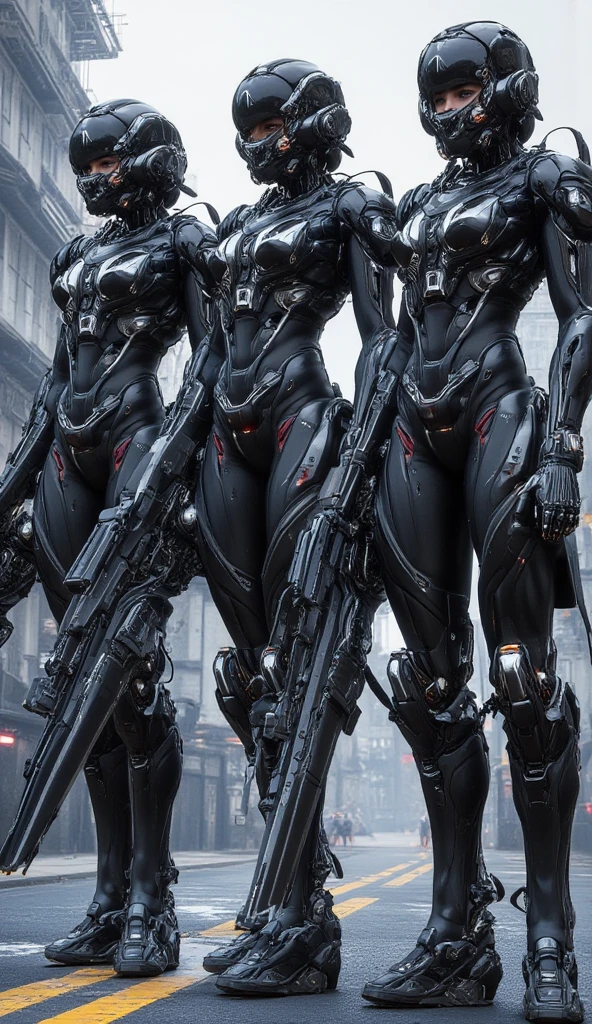 (masterpiece), (best quality), (high res) 3girls, (perfect anatomy) Dronificated unknown woman , (enclosed gray full body armor) (yellow lights) (yellow glowing core in the chest), (enclosed cyber helmet), (yellow screen), huge breast, narrow waist, wide hips and thick thigs,(no face) no face, no hair, no mouth, no eyes, in a mall, with different weapons, (guns), (sword), (axe)