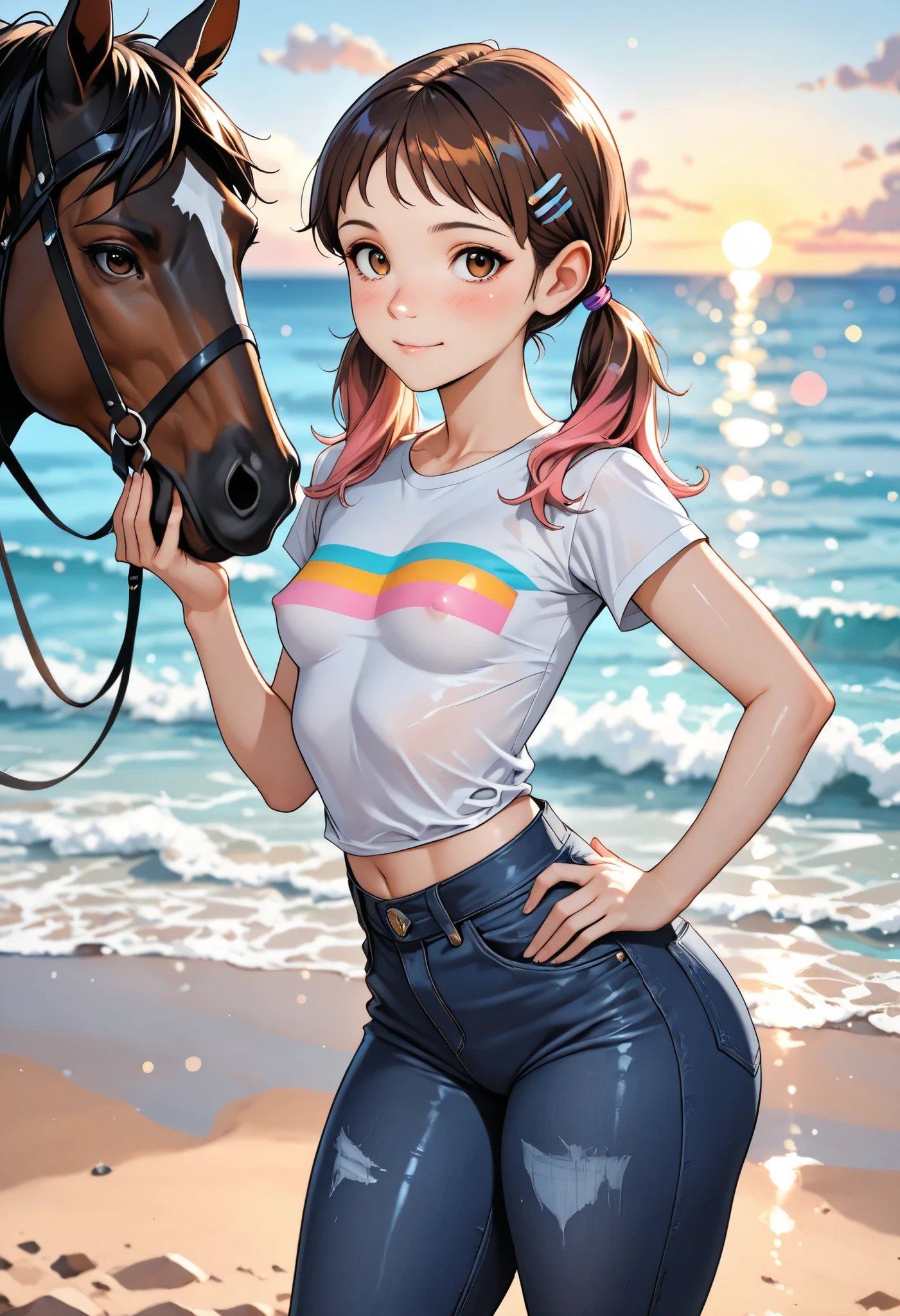 (best quality:1.4),(shiny skin), is sucking and fucking Massive ugly black horse and canine cocks, (cute face), (((best quality))), illustration, ((Beautiful Finger)), , Beautiful body, Beautiful character design, ,perfect lighting, Colorful, Bright_Front_face_Lighting, ultra high res, highres, absurdres:1.2, bokeh:1.2, lens flare, (vibrant_color:1.2), (Beautiful, small breasts:1.6), (thick thighs:1.3), THICK, small hair, (brown hair:1.2), two pigtails held by pink hair ties, large round brown eyes, short bangs, urprised facial expression, t-shirt, large jeans, (ocean:1.3), sand, sun, outdoors, detailed eyes, looking at the viewer, hand on hip adores massive ugly black horse cock