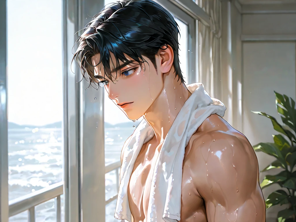 (absurdres, highres, ultra detailed), 1 male, solo, beautiful, handsome, extremely detailed facial features, tall muscular guy, smooth skin, sexy gaze, mature, gorgeous, wet, model pose, colorful, artistic, depth of field, focus on his calm facial features, elegant look, looking at the viewers romantically, shirtless, bare body, heavy milk splashed on his chest, upper body