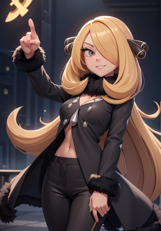 (character_pokemon_cynthia: 0.85), (Long Yellow Hair:1.4), (Background: Bathroom), 1girl, <lora:character_pokemon_cynthia_v3:0.85>, solo, (standing), (hair over one eye), (looking at viewer), (evil_smile), fur-trimmed black coat, fur black collar, hair ornament, V-neck, black pants, (femdom), from below, (viewer on leash), <lora:viewer on leash 6:1.4>, obsess, Fat,