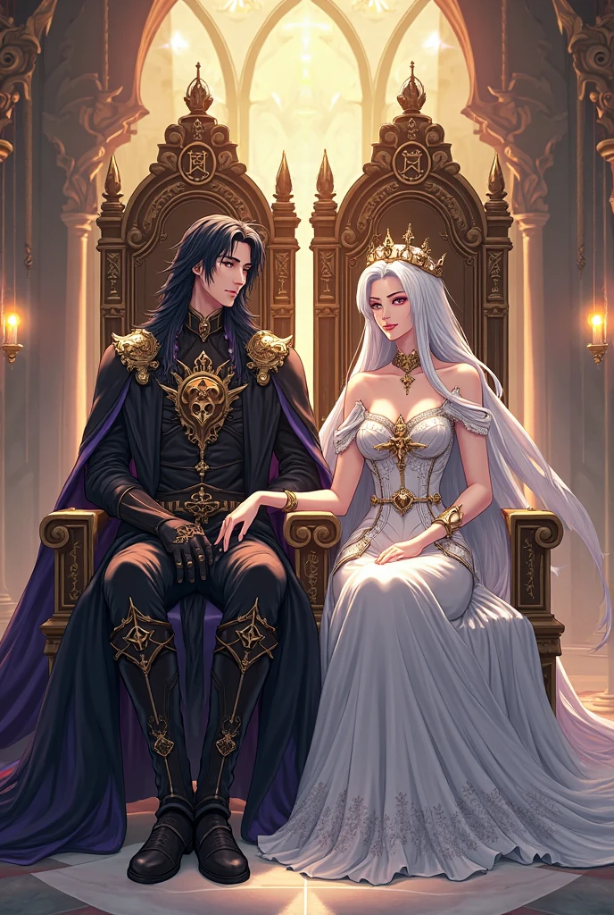 Royal portrait, Male character with long straight black hair, with RAF blue eyes, wearing armor and crown with inlaid emeralds, with a serious look, firm pose, while putting a hand on the shoulder of his son the human prince, purple hair, RAF blue eyes, next to the prince is his younger sister, an elf dressed as a princess with a pink and white dress, straight black hair and fuchsia pink eyes, next to them is his mother, pregnant woman pointy ears, purple hair, black horns, fuchsia pink eyes, elegant pose, elegantly dressed as a queen, wearing her crown, all sitting in an armchair, with a window in the back, with a beautiful background, looking at the camera, detailed , daytime, sun rays, ultra detailed photography, 4k quality lighting, high resolution, masterpiece, anime style