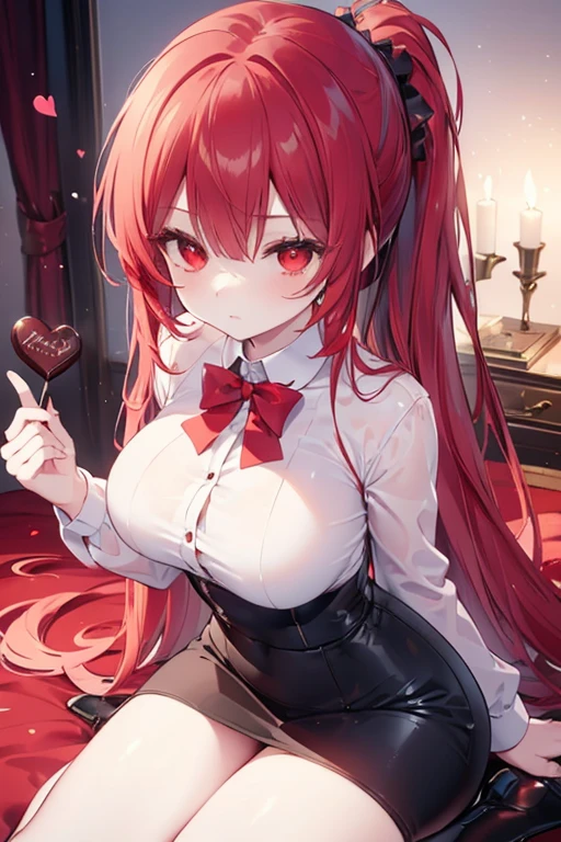 score_9, score_8_up, score_7_up, score_6_up, score_5_up, score_4_up, yu hee, red eyes, red hair, long hair, large breasts, bare shoulders, heart earrings ,big breasts ,red lipstick, stockings ,black business suit