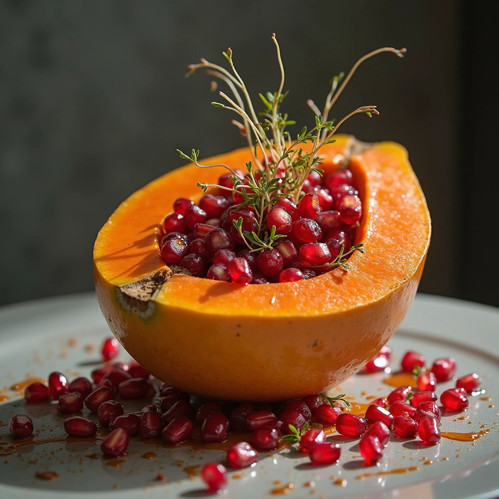 Pomegranate made with papaya stuffed with spicy fruits, modern military style, dramatic lighting