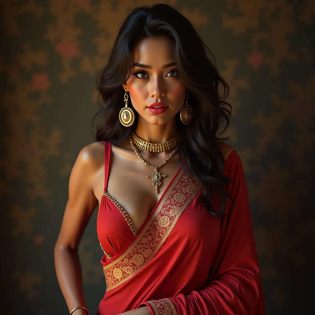 balinese bloody evil queen, bloody villain, scary, wicked, magical, epic, bloody balinese traditional clothes, brown skin, red eyes, temple background, high res, ultrasharp, 8K, masterpiece