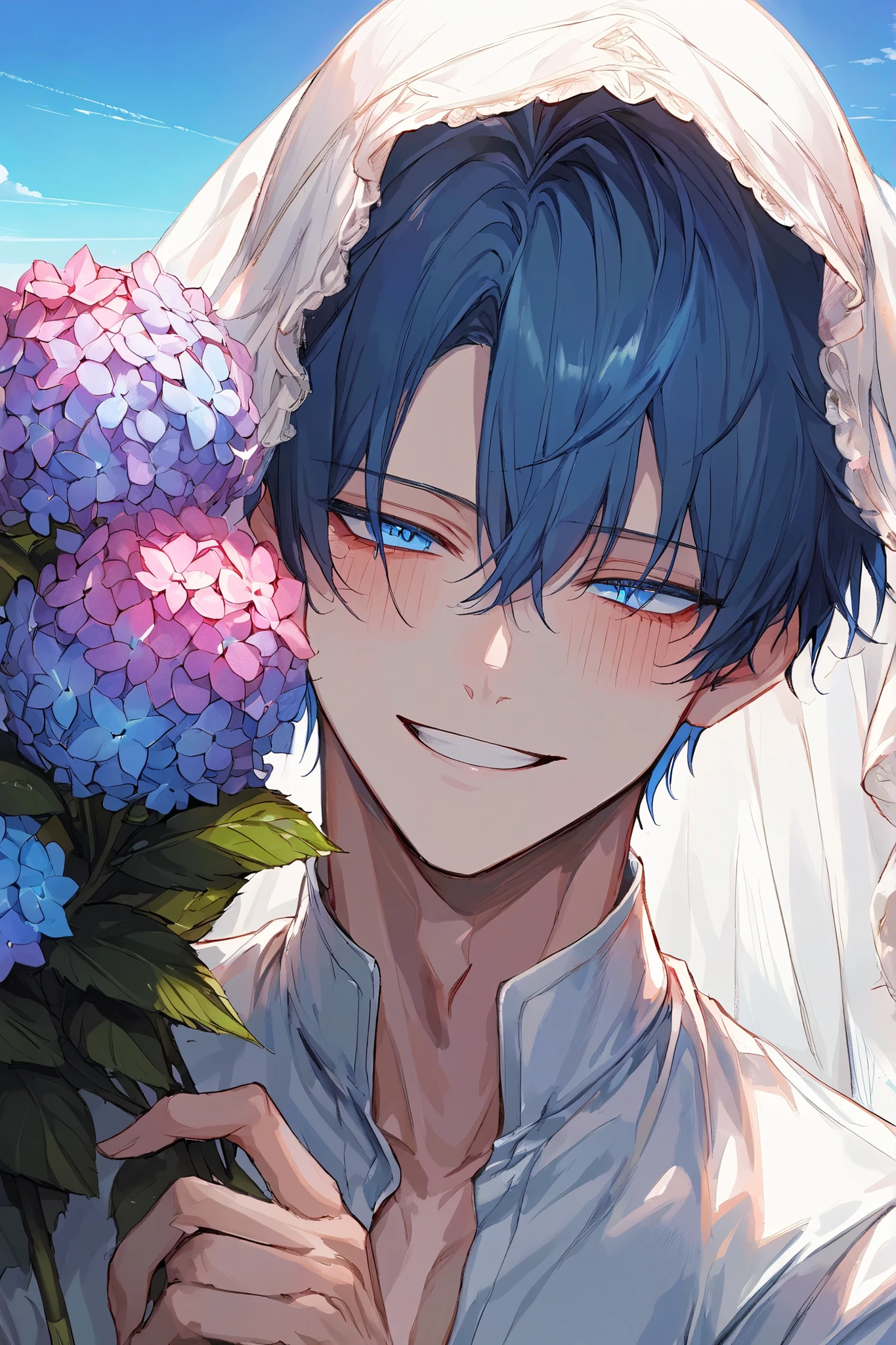 short hair, masterpiece, best quality, 1 man eating separately , bangs, perfect face , blue eyes , handsome man , alone, pale skin , adult male , upper body , Delicate Line Drawing,very detailed , 희미한 smile, white veil,Desert Rose , Yandere, blue hair, White Short Sleeve Shirt, sea background, Time zone daytime, I'm holding a bouquet of hydrangeas, smile, blushing, shy, laughing next to me, in pain.