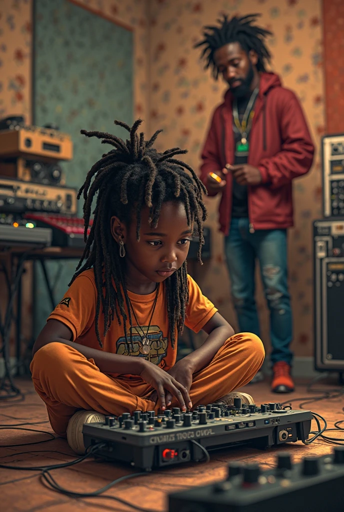 1970s, black kids sitting around listening to vinyl records on a record player, cinematic action, atmospheric perspective, depth of field, textured skin, super detail