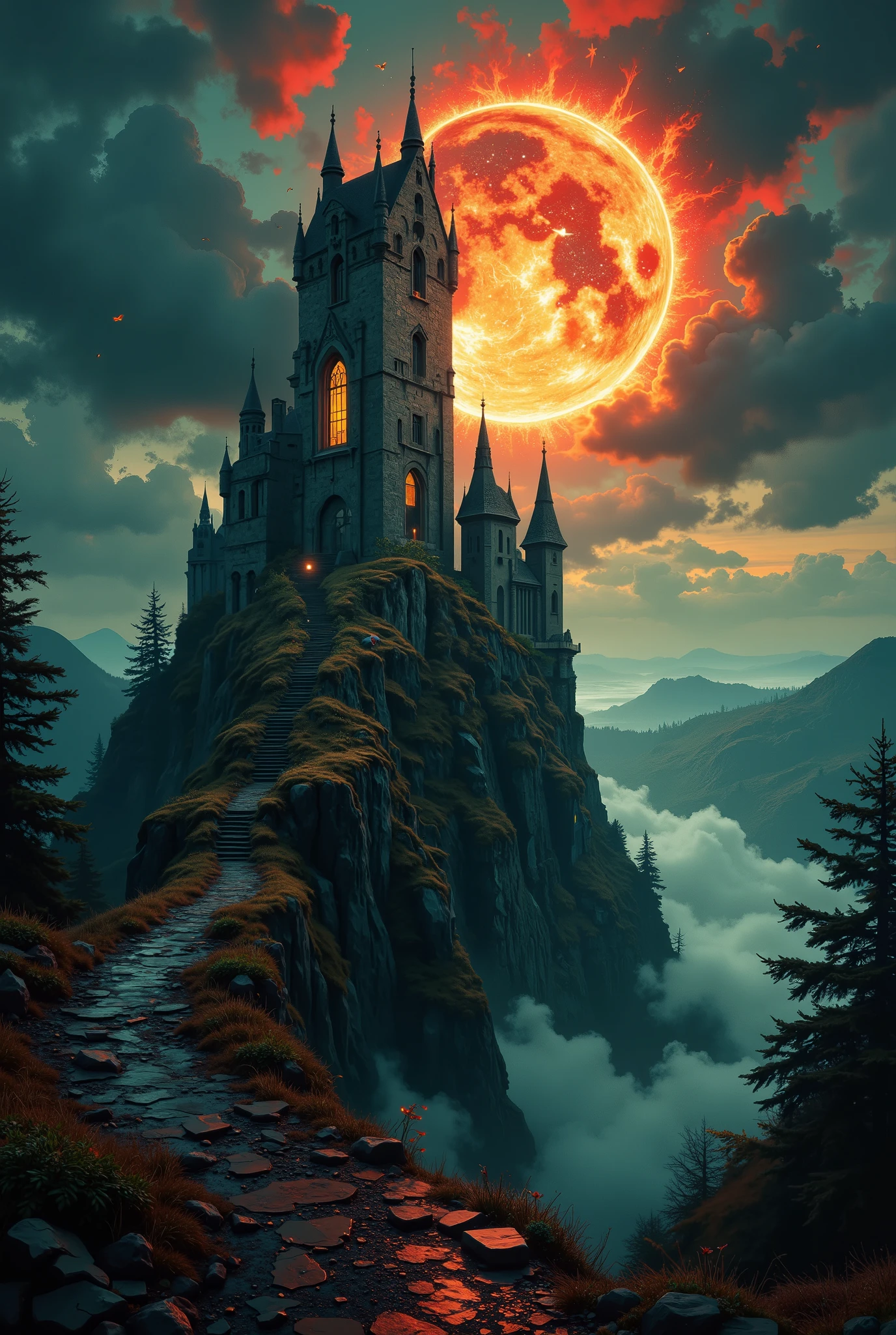 A crumbling, majestic castle perched precariously on a cliff edge, shrouded in an ethereal mist, illuminated by the warm glow of burning windows within. A winding path of dark grey cobblestones and black coal leads towards it, disappearing into a forest—half vibrant green, half stark, desiccated brown. The castle's stonework appears half-destroyed, a partially collapsed tower hinting at its age and battles past. A total solar eclipse casts dramatic, elongated shadows, painting the castle in contrasting hues: fiery crimson on one side, stark, almost ghostly white on the other. Birds soar amidst dramatic, swirling clouds in the twilight sky, adding to the mystical atmosphere. The scene is rendered in a dramatic chiaroscuro style, emphasizing the contrast between light and shadow. The overall mood is one of melancholic beauty, tinged with mystery and a sense of forgotten grandeur. Wide-angle shot emphasizing the castle's imposing scale and precarious location. Textures should be richly detailed: rough, weathered stone; the smooth, dark gleam of the coal path; the soft, delicate textures of the mist and clouds. Colors should be deep, saturated, and evocative of a twilight sky during a solar eclipse: fiery oranges and reds contrasted with cool greys and whites. Art style: Romantic, slightly Gothic, with elements of Surrealism to emphasize the dreamlike quality of the eclipse.