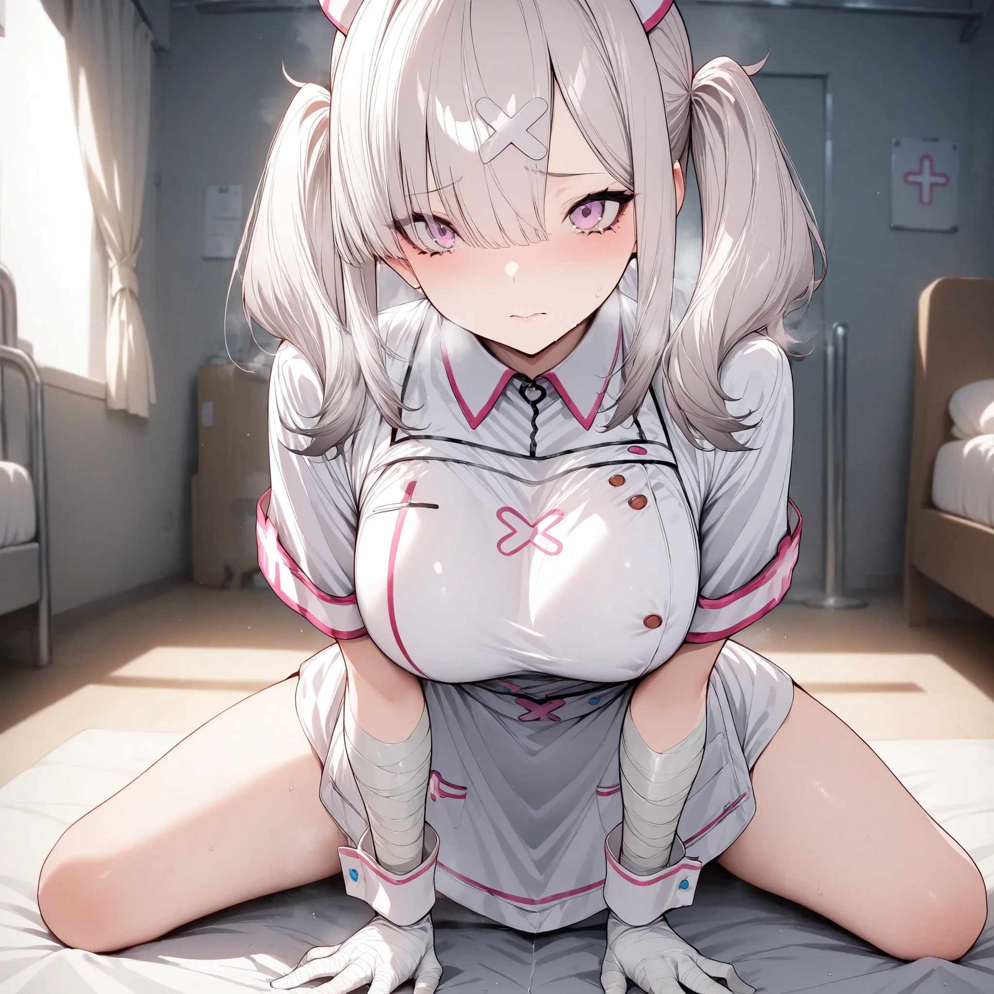 score_9, score_8_up, score_7_up, source_anime, (nsfw),1girl, (18 years old),
sk1, white gloves, white apron, short sleeves, nurse, bandaged arm, wrist cuffs, white dress, fangs, girl grab his ankle, smile,
1boy, (man:1.2), bend his knees and raise his legs,
penis, sex, (pov), vaginal sex, cum in pussy, pussy cum, pojecile cum, excessive cum,
masterpiece, high quality,best quality,perfect legs, beautiful detailed, ultra_detailed, 8k, (perfect anatomy:1.2),kawaii,beautiful breasts, kokona, dress,(medium breasts:1.2),