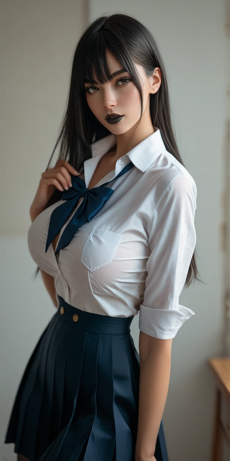 (Highest quality、Tabletop、、Best image quality、Award-winning works)、Extremely cute and lewd high school girl、White polyester collared shirt ripped because her breasts were too big、Short sleeve:1.4)、(Navy Pleated Skirt:1.1)、Girl portrait photography、Glowing Skin、Brown Hair、Are standing、View your viewers、Sculpture Pose、(Classroom Background:1.45)、(Large Breasts:1.8)、Accentuate your body lines:1.1)、Very large red ribbon tie、Very long hair:1.75、((Face after being raped by a man:1.55))