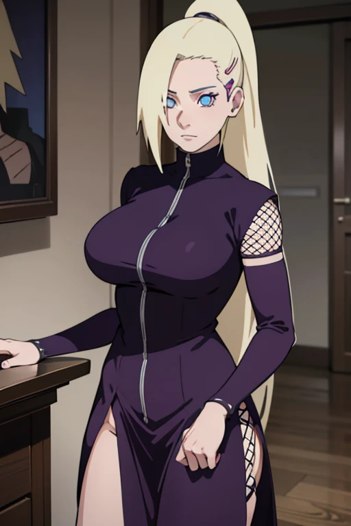 Ino yamanaka, Komono, Schneit, sat,lila Kleidung,Schulterfreie Kleidung,Spaltung,smil,Rot im Gesicht sein,drinnen im Zimmer,Nahaufnahme Nahaufnahme,mit einer guten Figur,mid large breasts,Breasts fall out right away,clenched breasts