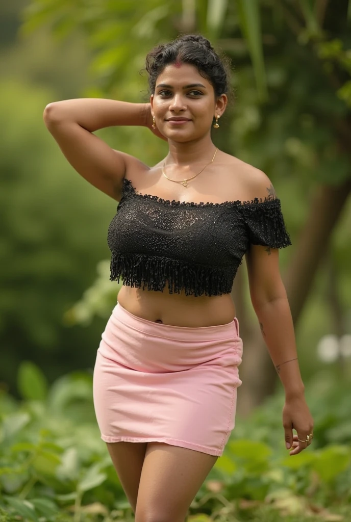 (Best quality )Having a medium fat body beautiful srilankan girl is walking, mini bra and short skirt, her shapely legs. The black hair is braided in two parts long , short body and legs,A friendly smile, with each movement