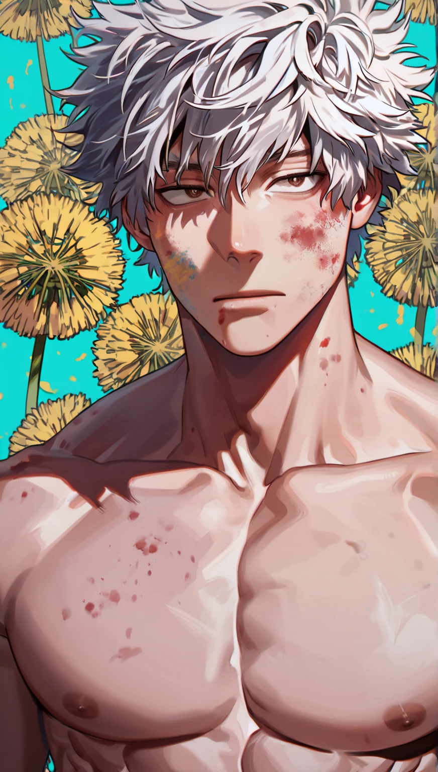 anime character with White hair holding a flower in his hand, muscular! White, Komaeda Nagito, muscular!!, ginko shows off new bugs, A silver madness, White haired deity, male anime character, White haired, Kaworu Nagisa, muscular!! Science Fiction, killua zoldyck made with jewelry