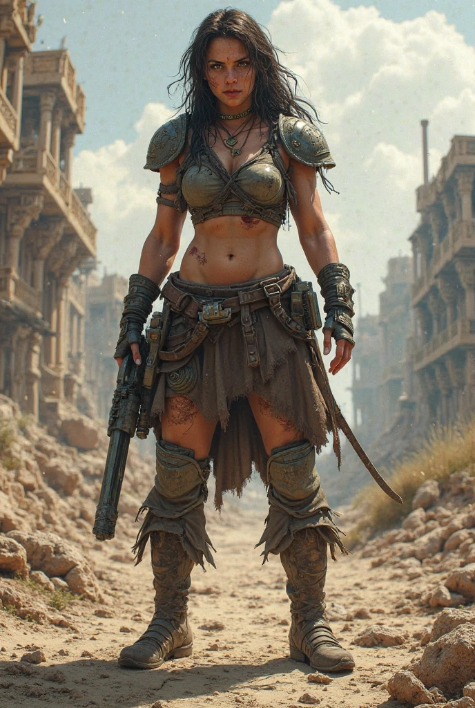 Yael Shelbia(Beautiful and bold、captivating and enticing、blue eyess、pointed breast、long curly black hair、Sweaty body、Open shirt、Short shorts、boots、short gloves、thick leg)。(Deserted roads、Dirt road、fumo、Abandoned cars、newspaper、Abandoned objects、Body lying on the ground、Abandoned roads、Apocalyptic landscape、Movie Effects)、(top-quality、​masterpiece、depth of fields、Full-HD、4K、richness of detail)。Portrait Style、Fist of the North Star、Screaming、(((He wears armor on both shoulders)))、holding weapons