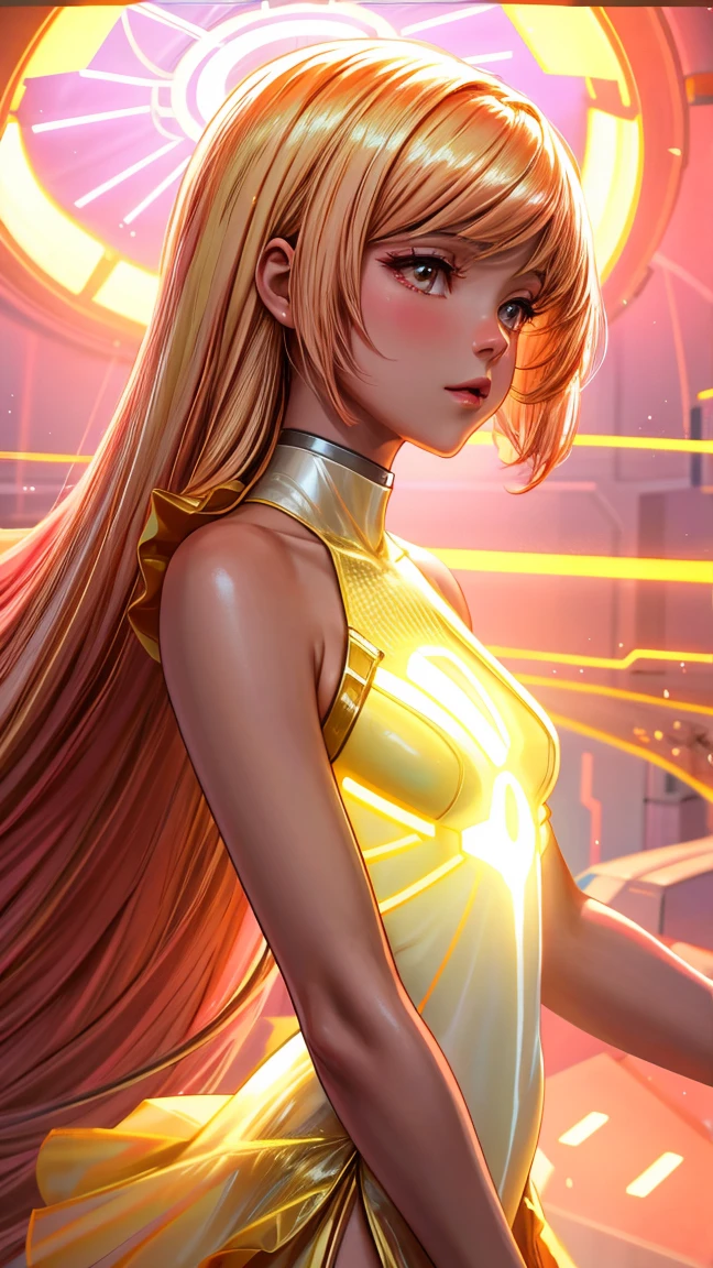 masterpiece, best quality, movie still, 1girl, cloud girl, floating in the sky, close-up, bright, happy, warm soft lighting, sunset, (sparks:0.7),streamer,Play with glitter,Light belt around the body,The halo,lightbelt
