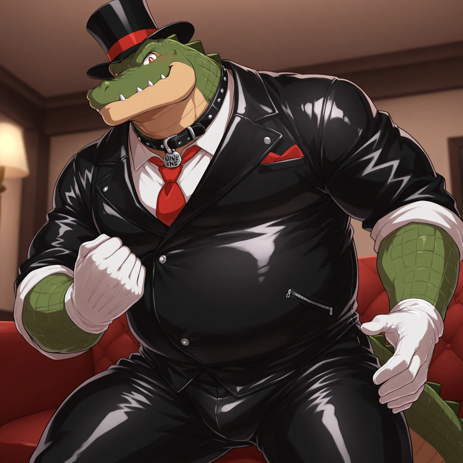 Solo, Male, fat, extremely obese, gentleman, dapper Professor Crocodile, with a large penis and testicles, ejaculating extreme amounts of sperm from the penis, shooting web-shaped sperm from the penis, blue eyes, (posing:1.3), (soft shading), 4k, hi res, ((detailed face, detailed)), looking at viewer, evil grin, steampunk, collared shirt with buttons, top hat, male focus, Explorer Outfit, glasses, monocle, bag, vest with buttons, backpack, sleeves rolled up, round eyewear, brown headwear, brown vest, Crocodile is wearing a glossy leather dog collar around the neck, Crocodile is wearing the leather collar and shirt and vest at the same time, Crocodile is wearing glossy white rubber gloves on the hands, wearing white rubber gloves on the feet, Crocodile is wearing glossy white cuffs around the wrists with cufflinks, gloves are rubber in texture, clenching teeth, Crocodile is rubbing his penis with hands, leather collar is glossy and shiny with a lot of detail, Crocodile is wearing gloves and cuffs and cufflinks at the same time, leather collar has a round dog-tag, leather collar is thick and detailed, sperm is sticky in texture, sperm is shaped like a web.