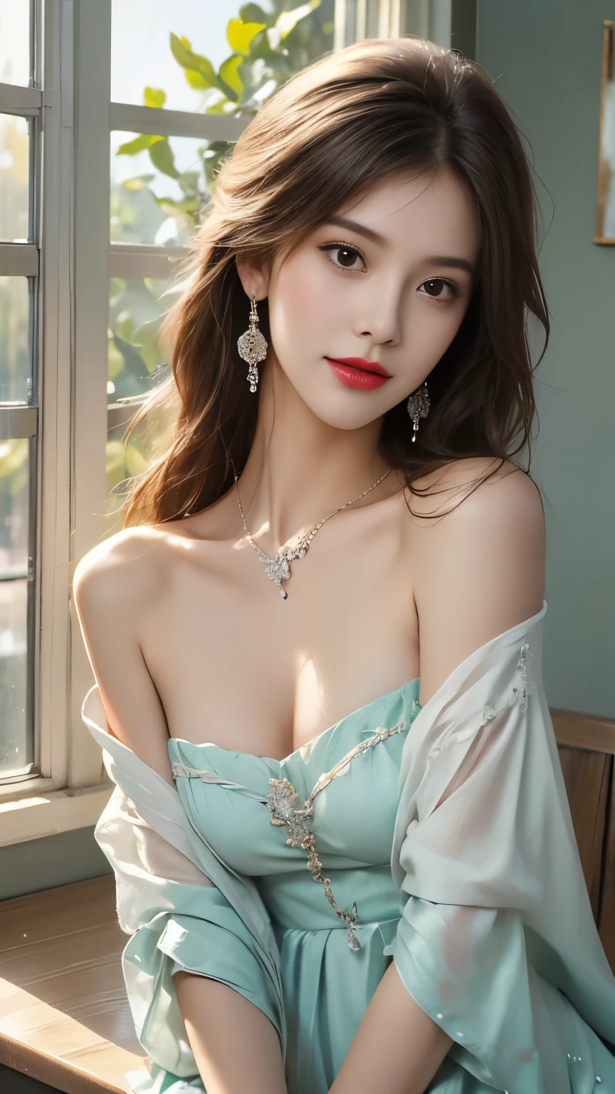 ((whole body)), ((from below)), yushuxin,1 girl,Solitary, ((stand up, Leaning on the windowsill)), ((Lean over)), ((The features are clear, Clear face, Clear face)), red lips, cosmetic, close up, elegant pose, Seductive pose, Perfect Curve, Slim, Sexy, Large Breasts, , beautiful legs, Fascinating eyes, Biting your lips, Messy long hair, Simple and casual scene, Very detailed, Ultra-clear, best quality, Official Art, Beautiful earrings, Beautiful necklace, Very detailed description, Super beautiful painting, Advanced Features, elegant, beautiful, Ultra-fine details, masterpiece, Real texture, Realistic lighting, masterpiece, best quality
