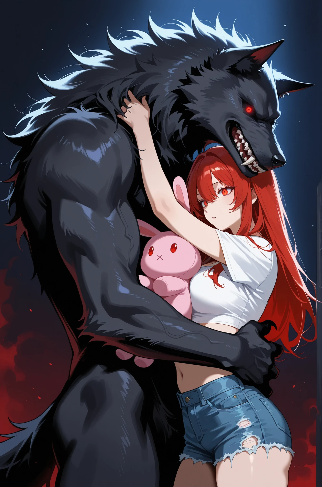 The image depicts a woman with long red hair wearing a casual white crop top and blue denim shorts, embracing a large, ominous figure resembling a werewolf with bat wings and glowing red eyes. The werewolf holds a pink stuffed rabbit in one hand, creating a stark contrast between the playful accessory and its intimidating presence. The lighting is dramatic, with sharp contrasts and vibrant colors, contributing to an intense and surreal atmosphere.