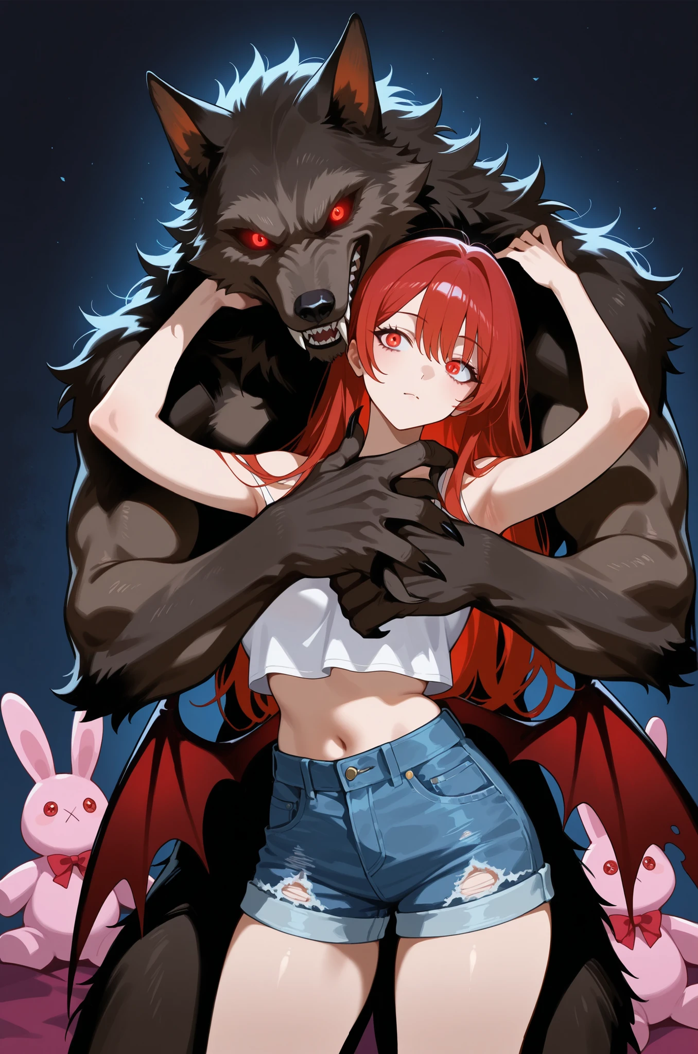 The image depicts a woman with long red hair wearing a casual white crop top and blue denim shorts, embracing a large, ominous figure resembling a werewolf with bat wings and glowing red eyes. The werewolf holds a pink stuffed rabbit in one hand, creating a stark contrast between the playful accessory and its intimidating presence. The lighting is dramatic, with sharp contrasts and vibrant colors, contributing to an intense and surreal atmosphere.