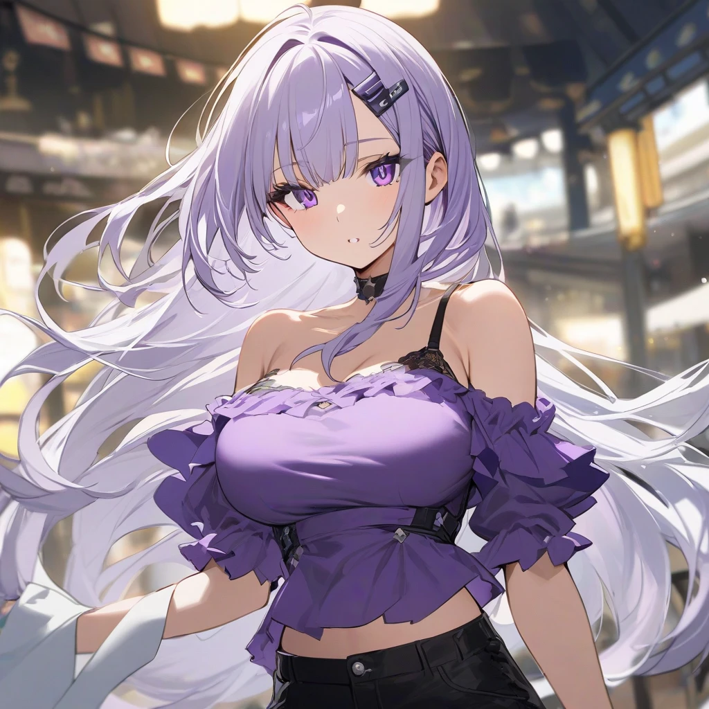reona silver hair long hair large breasts purple eyes hair ornament,Streetwear Chic: Edgy, Vibrant, Casual.