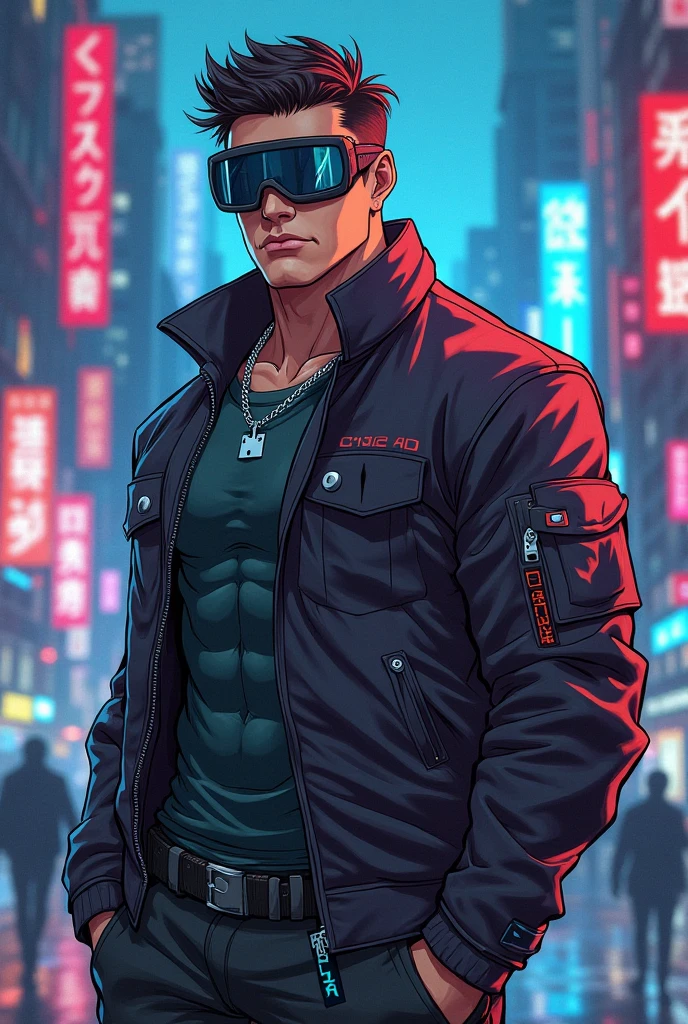 Sci-fi, cyberpunk.solo,light blue eyes,looking at viewer, short hair, shirt, red eyes, 1boy, upper body, white hair, white hair, male focus, open clothes, muscular, facial hair, scar, thick eyebrows, pectorals, muscular male, bara, stubble, large pectorals, sideburns, mature male, stubble, bare pectorals,best quality, higher detail, masterpiece, grungy futuristic city, (ray trace), city lights, crowded streets, HDR, 4k, 8k, 3D