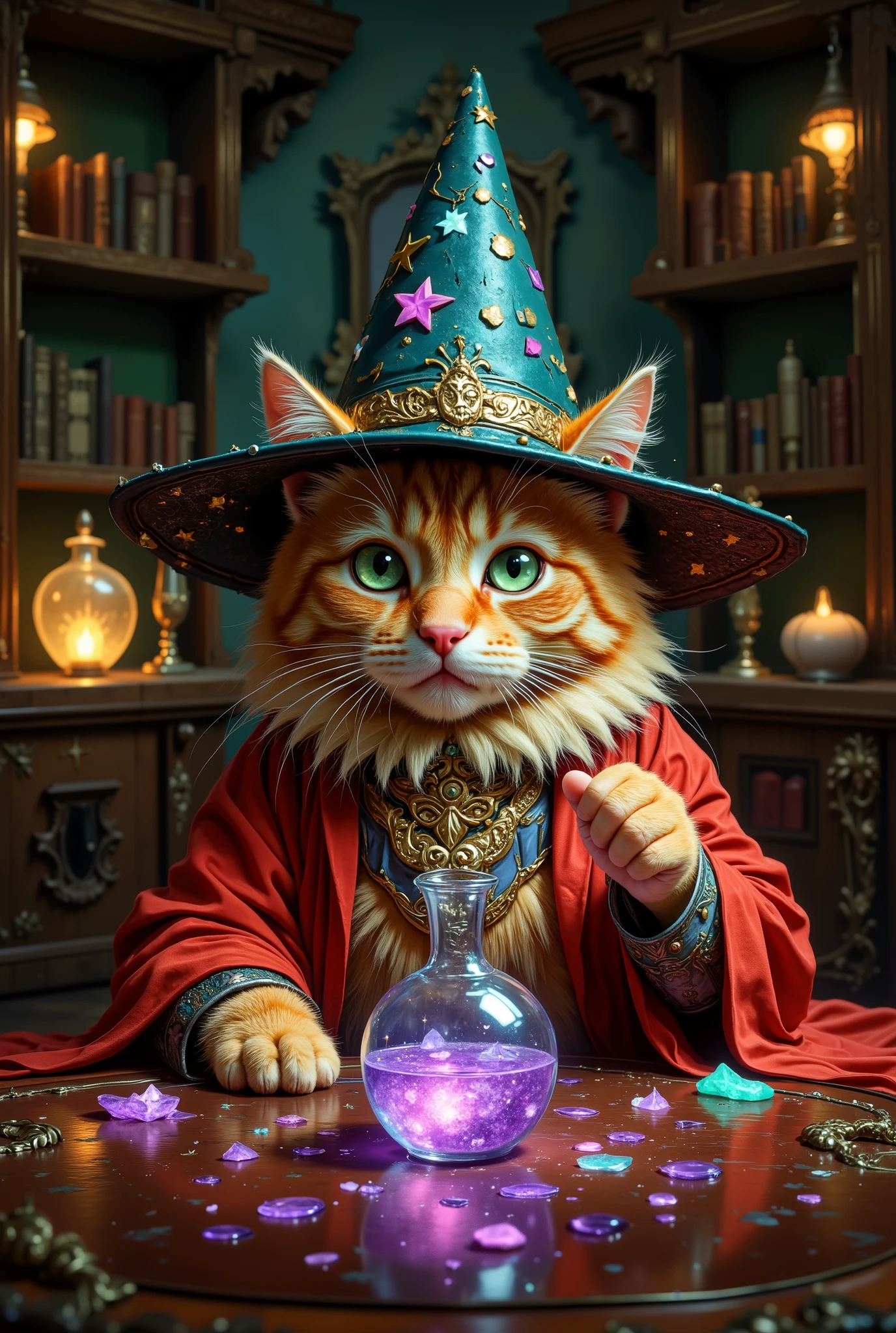 A charming ginger tabby cat, approximately one year old, dons a miniature wizard's hat, its brim adorned with tiny, iridescent stars. The cat's emerald eyes gleam with mischievous intelligence as it playfully gestures with a miniature wand, its pose suggesting a whimsical incantation. Its long, flowing wizard's robe, a deep crimson velvet, pools elegantly on the ornate wooden floor. The cat sits at a meticulously crafted wooden table, upon which sits a glass flask filled with a shimmering, iridescent purple potion, emitting a soft, ethereal mist. Within this mist, delicate, glowing flowers and sparkling hearts appear, rendered in soft pastel hues. The room, a study in enchanted elegance, features overflowing bookshelves and intricately carved tables laden with magical artifacts. The walls are lined with glowing crystals and illuminated manuscripts. The lighting is soft and magical, a warm golden glow emanating from unseen sources, casting long, dramatic shadows. The scene is rendered in a whimsical, detailed style reminiscent of Art Nouveau and fairytale illustrations, employing a wide palette of jewel-toned colors with soft, painterly brushstrokes emphasizing the texture of the velvet robe and the delicate glass of the potion. The overall mood is one of enchanting wonder and playful magic. Camera angle: slightly high, creating a sense of intimacy and wonder.
