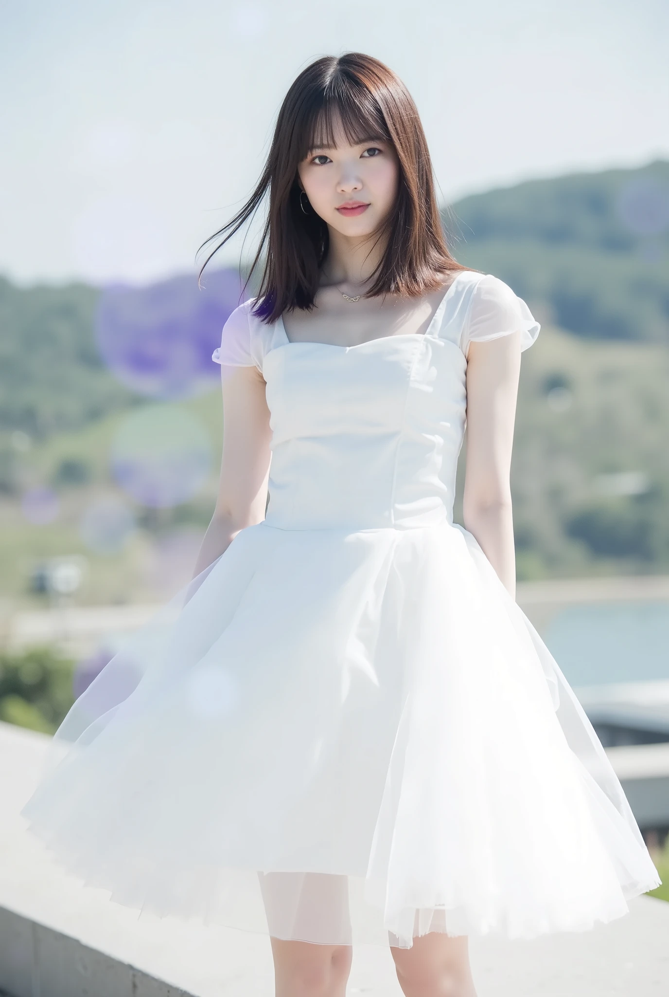 Create an image of a fair-skinned Japanese girl with medium-length straight hair stands gracefully in a 'White Cinderella' costume. The composition captures her in a knee-length pose against a blurred background that resembles a white fantasy world, with a distant horizon. Artistic light leaks and chromatic aberration enhance the ethereal atmosphere, all framed from a dynamic angle.