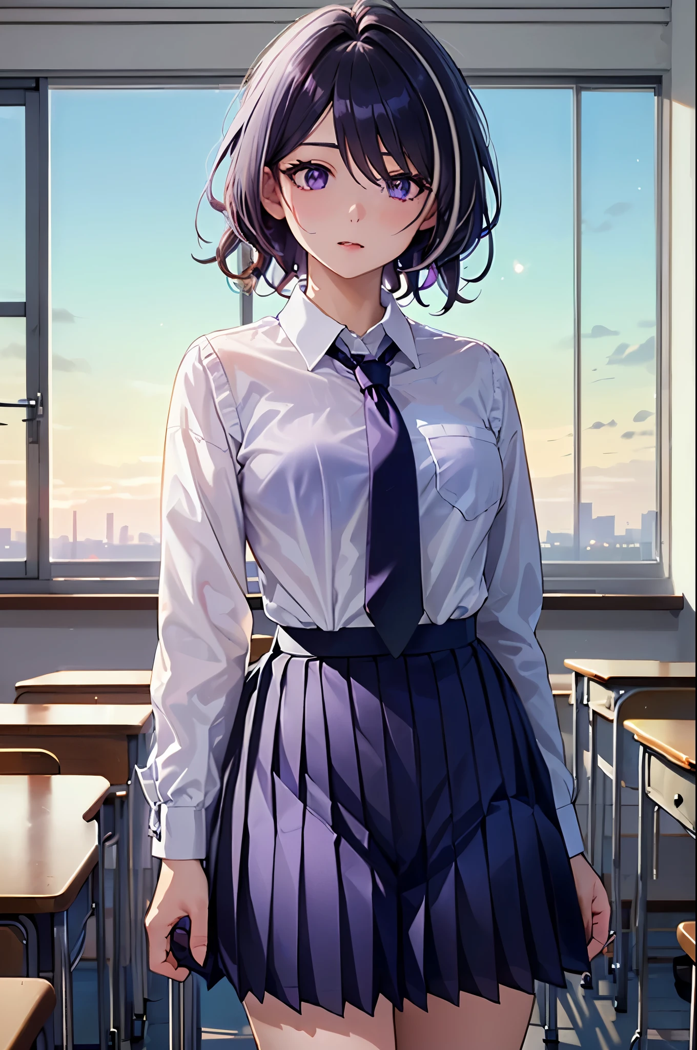 (8K、top-quality、​masterpiece:1.2)、(realisitic、ultra-detailliert、超A high resolution,,beautifull detailed face,perfect body,((nighttime)),perfect lighting,constriction,beautiful detailed skin,skin texture,(1giri,izumi isozaki,very short perm hair:1.5),(school uniform,purple,pleats skirt,tie,in i's style:1.5),in classroom,secuctive smie:1.0,full face blsuh:1.2,skirt lift:1.0
