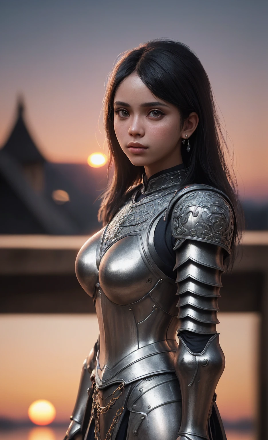 (masterpiece), (Very complicated:1.3), (Realistic), Portrait of a Girl, The most beautiful in the world, (Medieval Armor), Metal Reflection, Upper Body, Outdoor, Strong sunlight, Distant Castle, Detailed professional photos of beautiful women, Sharp focus, dramatic, Awards, Cinema Lighting, Octane Rendering Unreal Engine, Volumetrics dtx, (Film Grain, Blurred Background, Blurred foreground, Bokeh, Depth of written boundary, sunset, Motion Blur:1.3), Chain Mail