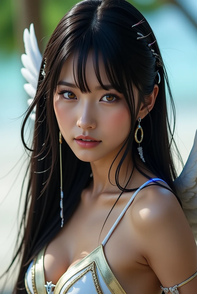 Ultra-detailed complex 3D rendering of the face, (Colossal: 8.8), (masterpiece, highest quality, octane rendering, 8K), glamour shot full body image, cleavage, (very detailed skin: 1.2), (exposure: 1.1), (blonde))), (minuscule white micro bikini: 1.5)), beautiful Caucasian woman with full soft breasts and white skin, one, long braided hair, with big buttocks, Big breasts, dynamic angle, mystical expression, ultra-realistic photo, (((((portrait)))), bare feet, futuristic city background, facial muscles, detailed and beautiful queen tiara, in the style of Marvel Comics, clear focus, studio photography, intricate detail, highly detailed, detailed yellow eyes, sharp focus, digital rendering, professional, abs, (( (sexy pose))), natural jungle, mouth open lightly, manstle, crotch open, seductive look, angel ring, detailed angel wings, sweaty, clean mouth,
