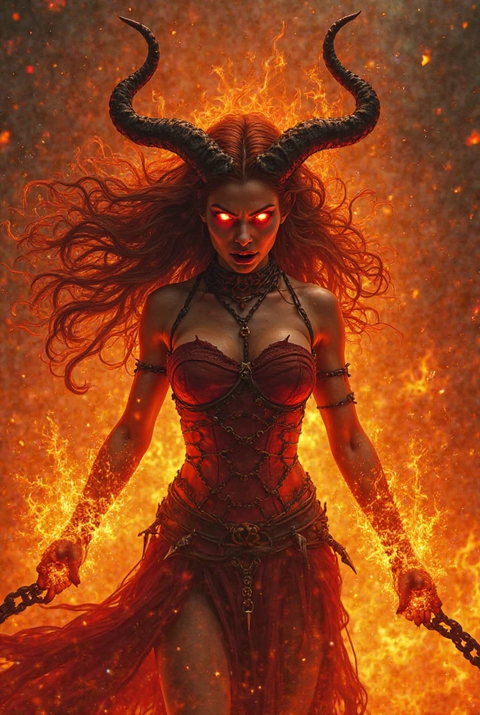 sexy devil woman glowing in raging fire, smoke, particles, showers, sharp long claws, ethereal, luminous, dynamic composition, rich textures, red, orange, yellow, centered, subject in the center, red eyes, full-body, naked, sexy, evil smirk