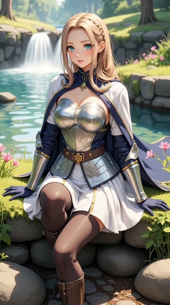 (masterpiece, best quality:1.2), 1girl, solo, tiara, silver hair, red eyes, cleavage, (30 years old) , woman, long hair, beautiful, masterwork, ultra high res, ultra detailed, super fine illustration, cg unity 8k wallpaper, perfect eyes, ultra detailed beautiful face, perfect hands, adult, (((black cape))), gleaming skin, oil skin, shiny skin, sweat, lips, crown braid, jewelry, necklace, long sleeves, ring, covered navel, lips, dress, belt, skirt, (((corset))), full body, white thighhighs, middle boots, dare thighs, black clothes, waist clothes,