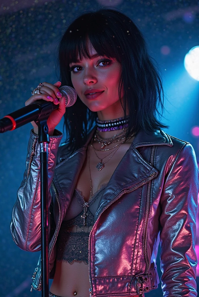Skinny singing spider, female, stylish, cabelo blackw canheado, blackw_cos, blue and pink neon color dress, stage_CÉNARIO, album layer