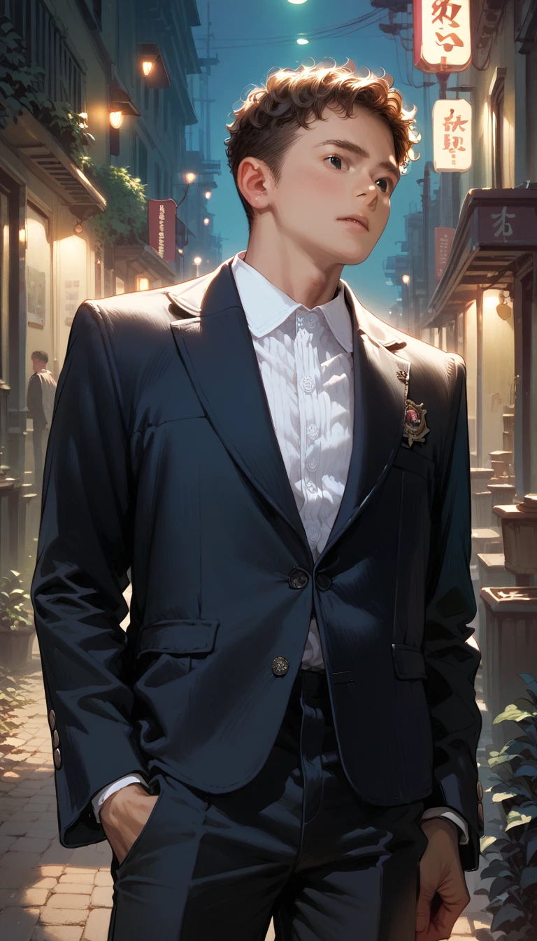 (k hd、Ultra-fine CG picture,Best picture quality、Fidelity)、(Best light and shadow effects,Very delicate and beautiful)、street、、Male youth wearing glasses、white business suit、wearing a tie、