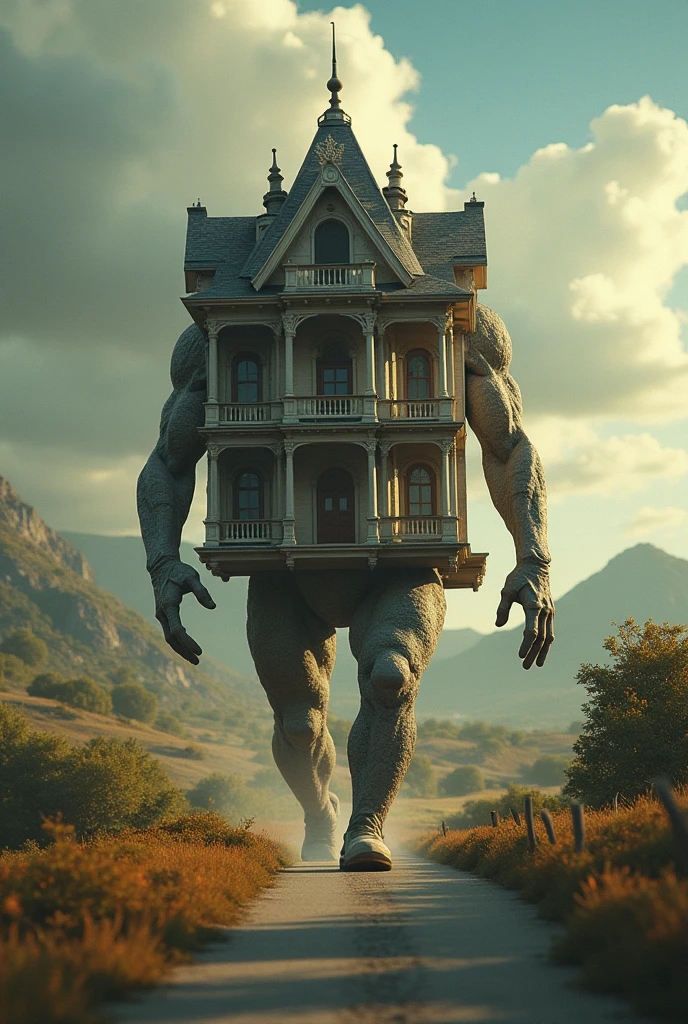 Super strong person carrying a house under construction with miniature workers