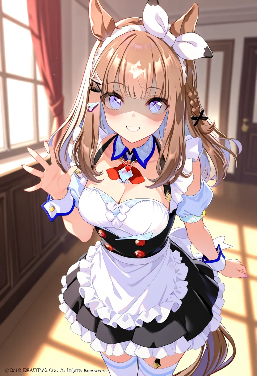 beautiful girl、Maid Cafe、Maid clothes、Upper body is shown、Dazzling smile、