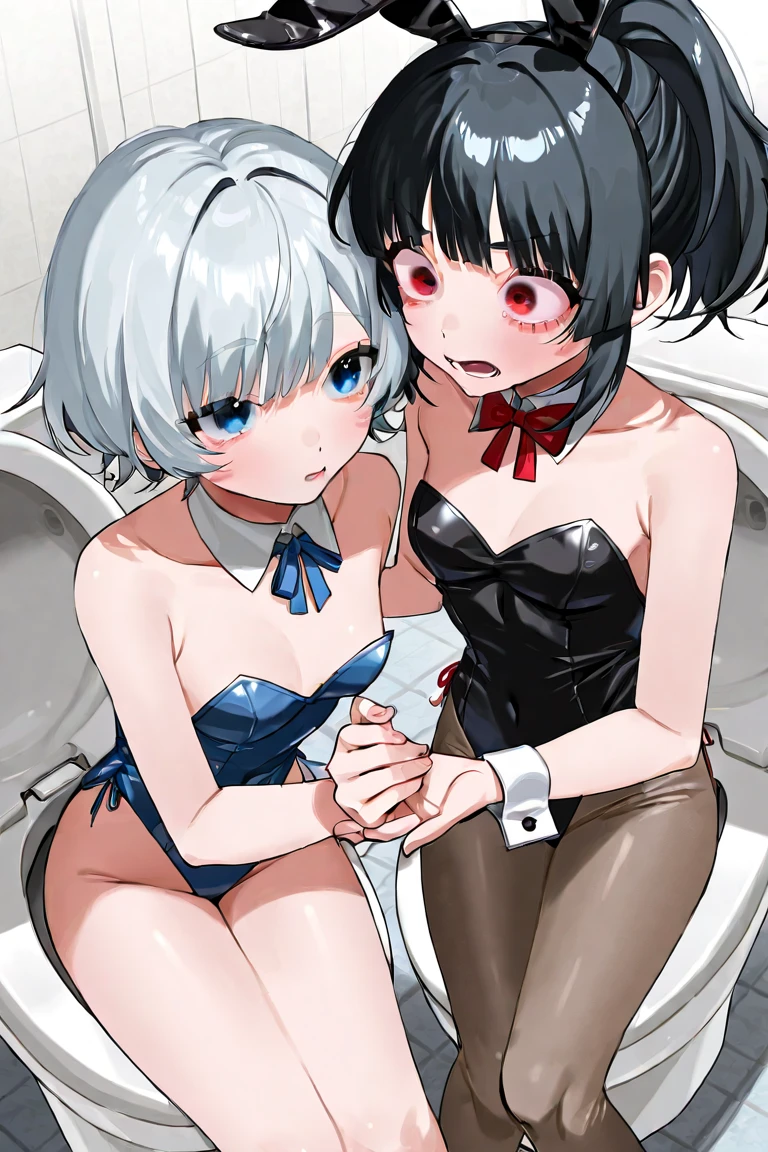 ((highest quality)), ((masterpiece)), (Become familiar with), ((nsfw,))2 girls, by 2 person, Silver Hair,thin,short hair,Small breasts, Erect nipples, ((Woman with a big penis)),((SEX)),((Futanari)),((ejaculation)),Pussy,Crying face,Drooling,Lesbian