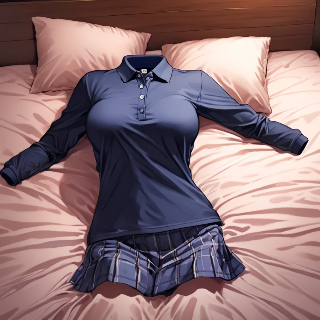 (invisible:1.5, no humans:1.5, headless:1.5, faceless:1.5), ( school polo shirt, dynamic pose:1.2), school leggings,lying on bed, long sleeve, (big breast), (best quality, masterpiece:1.2), detailed cloth texture, detailed anime, super fine illustration