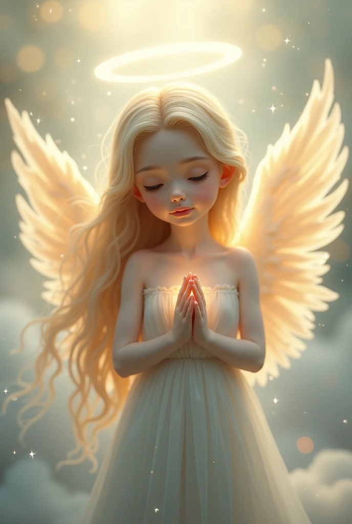 from front, looking straight at viewer, from above:1.2, toddler angel, gentle smile, big eyes, blonde, A neat god with sleeves that hide his chest々Dresses, Angel wings on the back, Glowing space background, Prayer-like pose, photorealistic