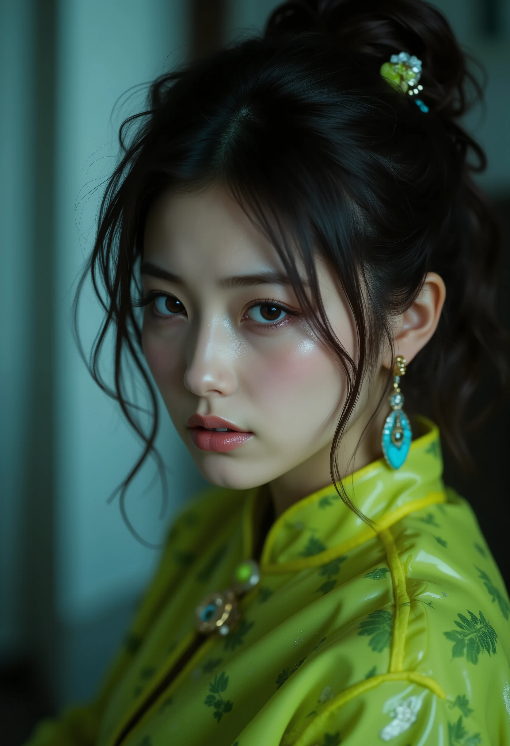 A poignant, high-quality portraiture of a beautiful young woman, dressed in a stunning lime green latex cheongsam and Hyper Puffy Blue accessories, sitting tightly against the wall with her head lowered, tears flowing down her face as she frowns. The scene is set at night, with cold, deep shadows accentuating her features, lit only by the faint studio lighting that creates a Tyndall effect on the dust particles in the air. Her brown eyes are framed by an updo hairstyle and adorned with gold jewelry, while her very detailed face and eyes appear fresh and beautiful, with a subtle tear-up and nervousness evident in her expression.