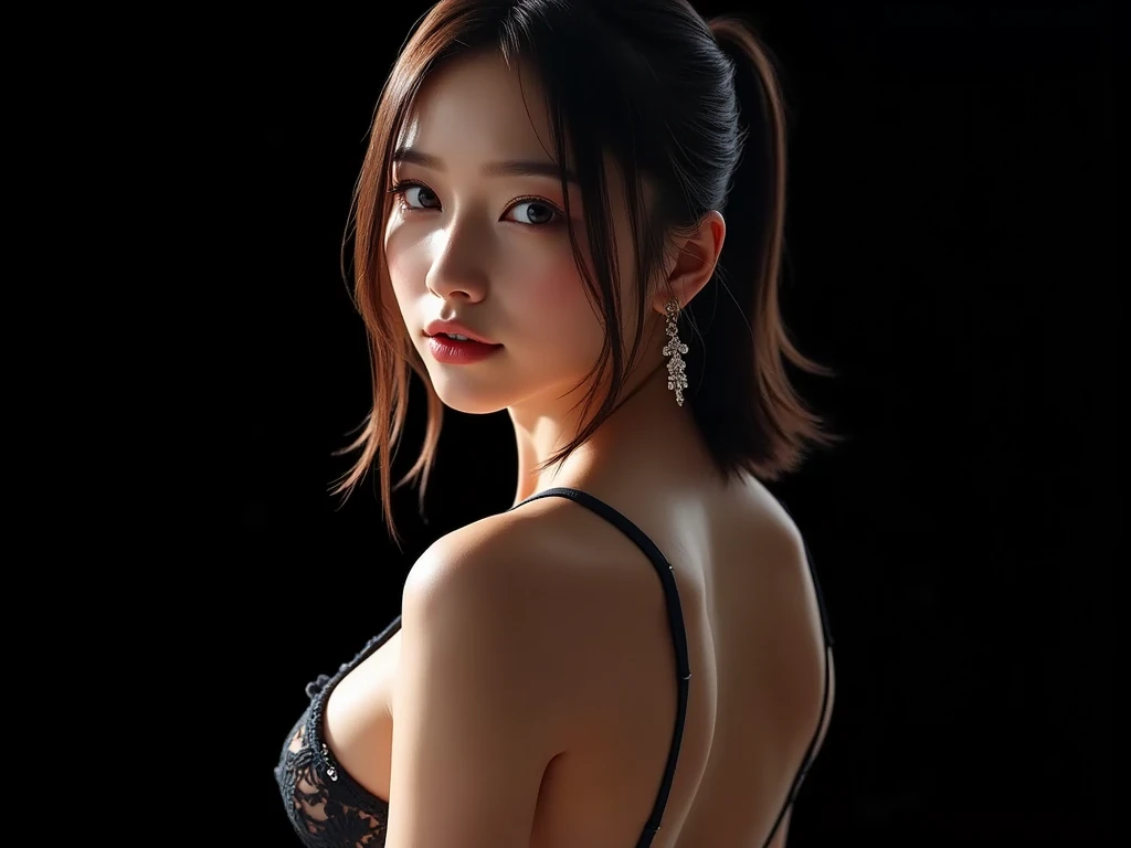 Kyoto, cobblestone street, Japanese woman,28 years old, long black hair, traditional updo hairstyle, elegant atmosphere, graceful ambiance, moonlight, sexy, mature charm, movie scene

Outfit: Mature bikini showing off her long